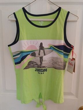 Justice Neon Lime Surf Graphic Tie-Front Tank